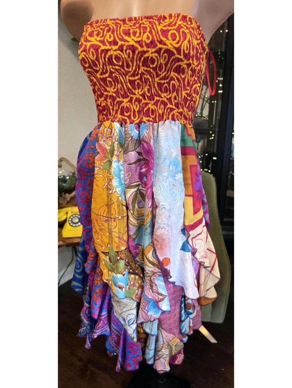 NWT Handmade Indian Sari Patchwork Handkerchief Hem Fairy Festival Dress OS